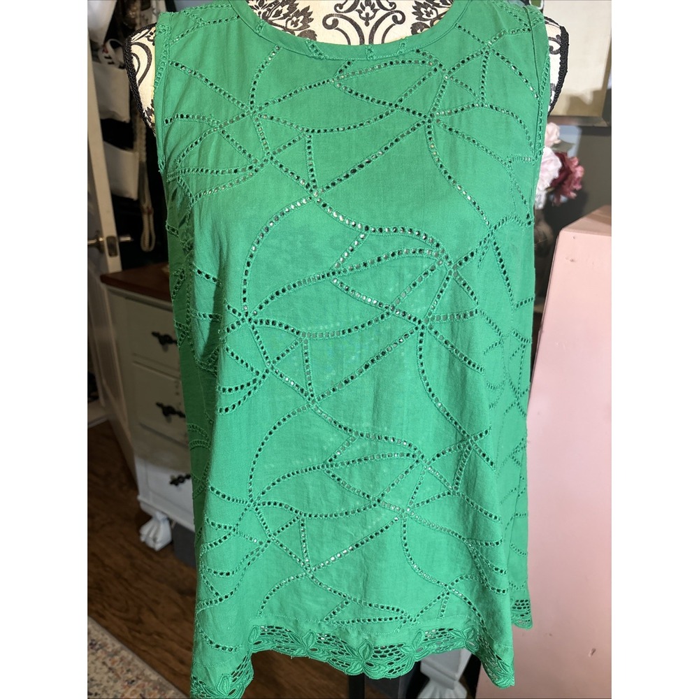 Cabi Gemma Green Embroidered Eyelet Lace‎ Hi Low Tank Top Blouse Cotton Size S.
